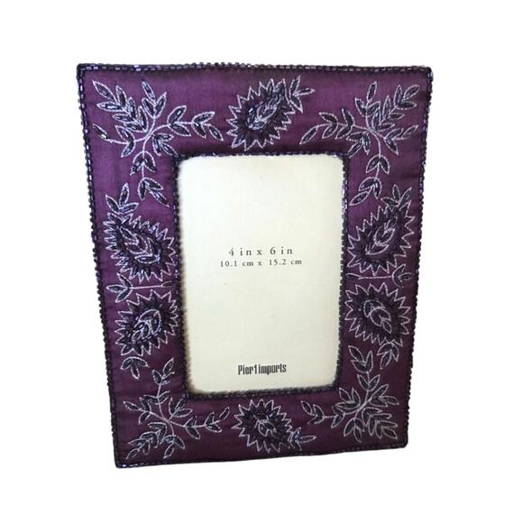 Pier 1 Imports Picture Frame Satin Beaded Purple Floral 4x6 Moroccan - Picture 1 of 8